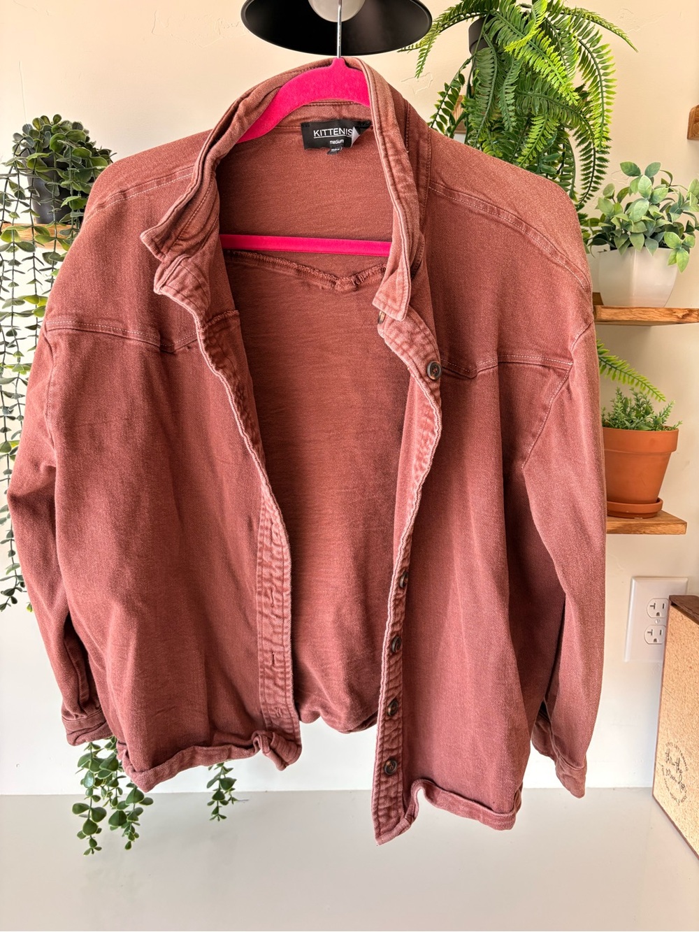 Kittenish Rusty Rose Button-Front Jean Jacket